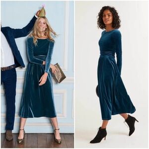 Boden Lois Velvet Midi Dress Baltic 10 Long Fit & Flair Elegant Pockets Ruched